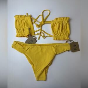 NWT Free People x Toast Bikini Set Bandeau Top Low Rise Bottom Yellow Rib XS